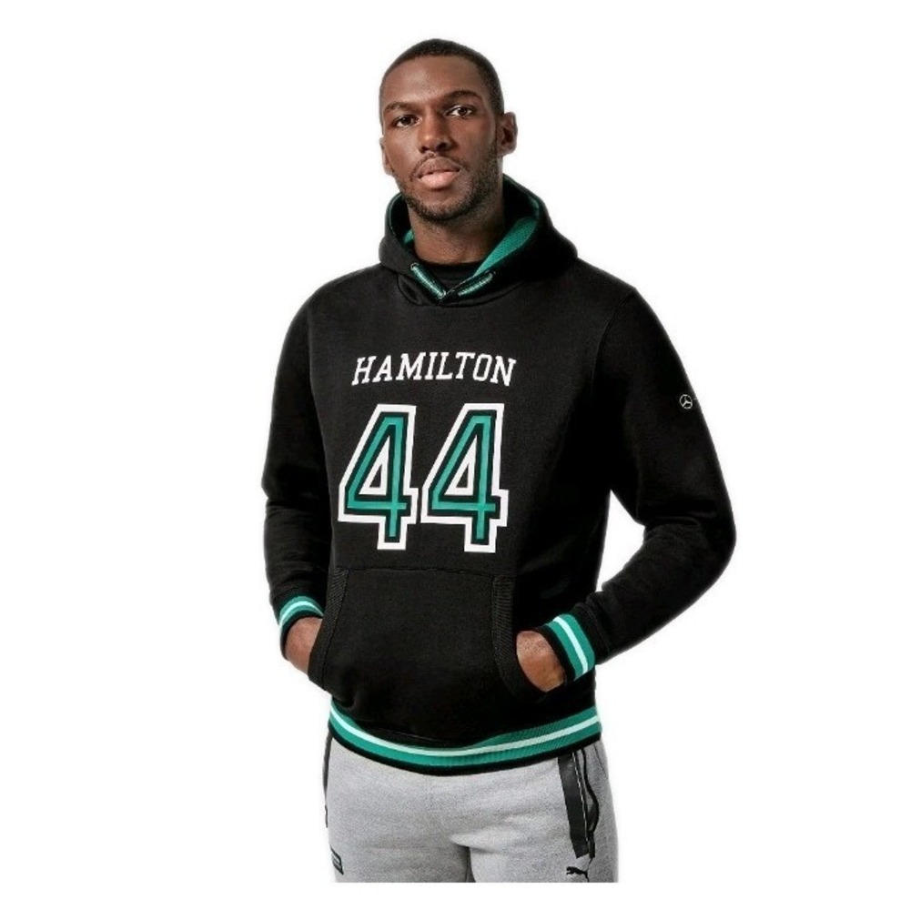 Mercedes AMG Petronas Hoodie Mens L Lewis Hamilton 44 F1 Racing Black Sweatshirt